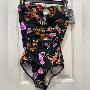 Shade & Shore Black Floral One-Piece with Ring Detail Size S NWT